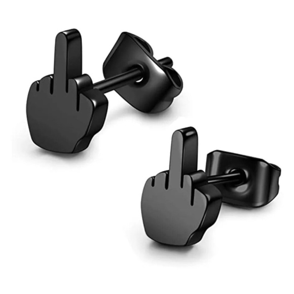 Moon Goddess Emporium Jewelry - 18K Black Gold (Rhodium) Plated Middle Finger, Flipping Off Stud Earrings